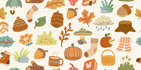 Seamless pattern of autumn leaves, maple, acorns, pumpkin, log, oak, cocoa, book, rain.