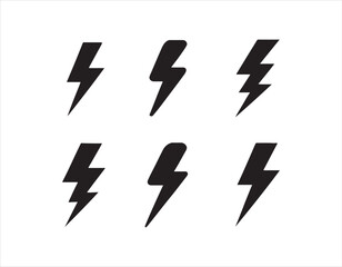 Various Black Lightning Bolt Shapes on White Background Representing Power and Energy
