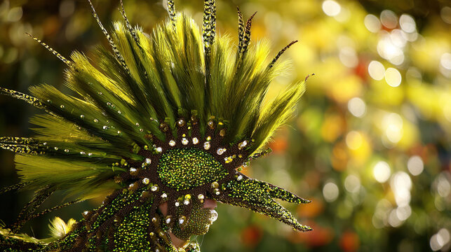 A vibrant carnival mask with golden-green feathers and sequins, set against tropical foliage.