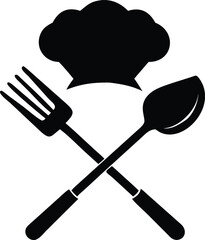 Chef hat crossed with kitchen utensils silhouette isolated on white background isolated on transparent background