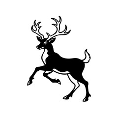 Majestic black silhouette of a reindeer with antlers standing on a white background isolated on white background isolated on transparent background