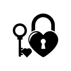 Heart shaped lock and key symbol representing love and security isolated on white background...