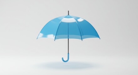 A translucent blue umbrella, slightly open, casts a subtle shadow against a neutral background. The handle curves downward, offering a sleek, minimalist aesthetic