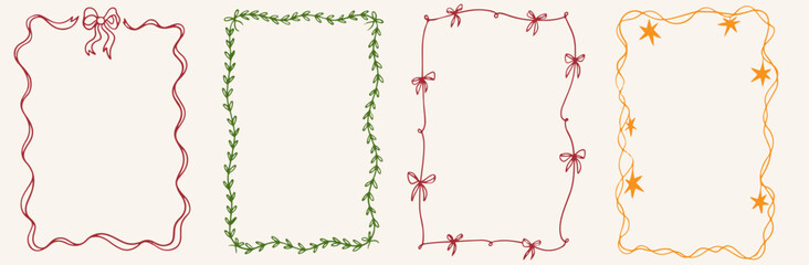 Hand drawn ink Christmas vintage frames. decoration border with fir branches, stars, ribbon, bows. Minimalist line art. Vector New Year design holiday for poster, placards and invitations.