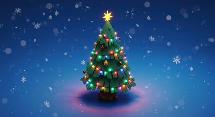 A vibrantly lit cartoon fir tree with ornaments and a star on a blue backdrop speckled with falling white snowflakes