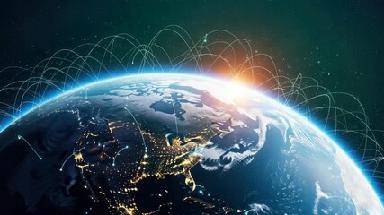 A stunning view of Earth from space at sunrise showcasing illuminated cities and network connections symbolizing global communication and technology advancements - Powered by Adobe