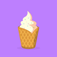 Ice cream cup waffle cup drawing flat simple vector on purple background