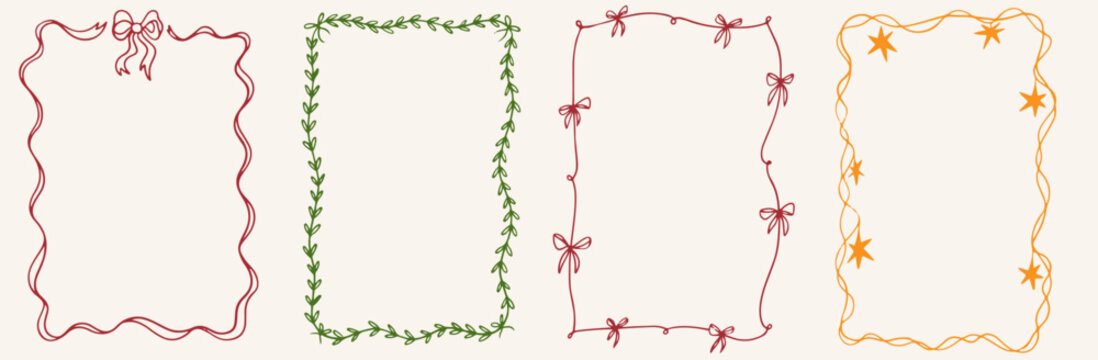 Hand drawn ink Christmas vintage frames. decoration border with fir branches, stars, ribbon, bows. Minimalist line art. Vector New Year design holiday for poster, placards and invitations.