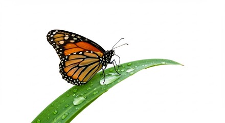 Obraz premium 鮮やか羽根 露滴る葉に止まる蝶 優美な姿. AI Generated