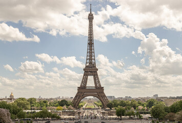 Scenery Eiffel Tower view with sky and clouds background from Trocadero view point. Travel destinations in Paris, use it as your Wallpaper, Poster and Space for text, Selective focus.