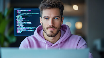Young man working on programming code, focused expression, modern workspace ambiance, technology-driven environment.