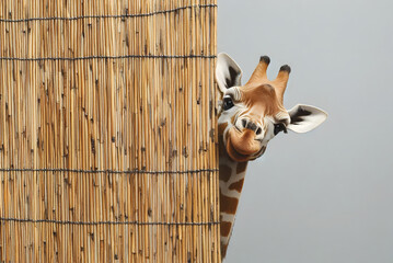 Eine Giraffe schaut neugierig hinter einer Wand aus Bambus hervor, viel Freifläche für Text