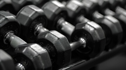 Obraz premium Close-up of an organized array of black dumbbells highlighting their metallic texture and design, symbolizing strength and fitness.