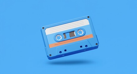 Obraz premium A vibrant, cartoonish rendering of a classic audio cassette tape, rendered in shades of blue and orange, floating on a light-blue background