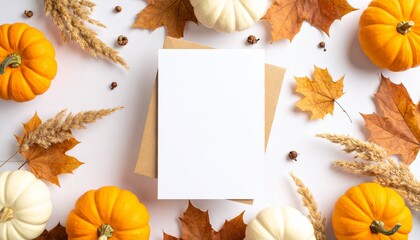 Rustic top view of autumn leaves, mini pumpkins, and blank card on wooden surface.