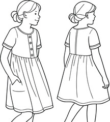 Girl s Dress Sewing Pattern Illustration Front and Back Views Line Art