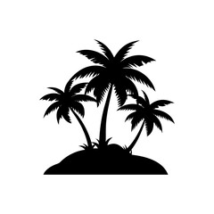 Silhouette of a small tropical island with three palm trees standing tall isolated on white background isolated on transparent background