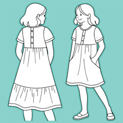 Girl s Dress Illustration Front and Back View with Details on a Turquoise Background