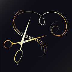 Hairstylist scissors and heart made of hair curls, gold design for beauty salon