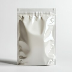 A white standup pouch with a resealable zipper is displayed against a white backdrop