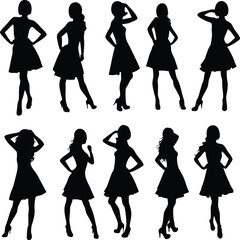 Ten fashion model silhouettes in short dresses posing on a white background
