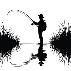 Obraz premium Fisherman casting rod in water with reeds fishing reel