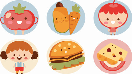 Illustration of cartoon food and children in circles including tomato carrot burger cheese and apple girl