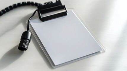 White paper in clear plastic holder with black cord and clip