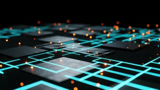 A vibrant futuristic digital landscape featuring glowing blue grid patterns and scattered orange lights set against a dark background ideal for technology-themed projects - Powered by Adobe