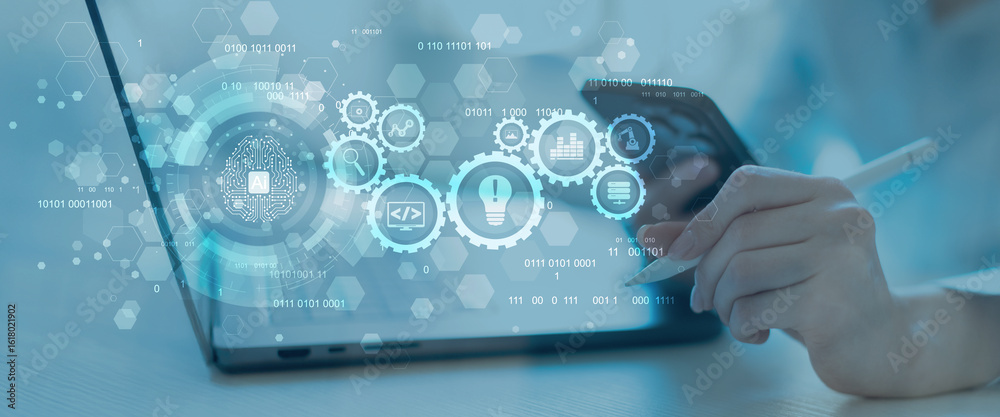 Poster artificial intelligence and automation workflow system illustrated on a digital tablet interface.