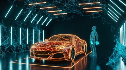 A futuristic scene featuring a glowing wireframe sports car and a holographic human figure in a high-tech environment with neon lights showcasing advanced automotive technology and design - Powered by Adobe
