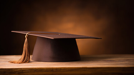 Graduation cap placed on wooden surface, symbolizing academic achievement with soft lighting.