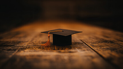 Graduation cap placed on wooden surface, symbolizing academic achievement with soft lighting.