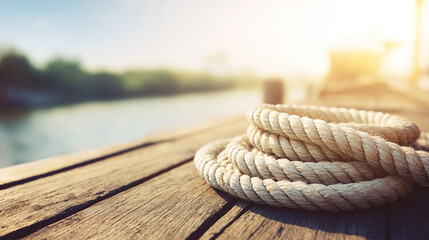 Close-up of a thick coiled rope on a weathered wooden dock, symbolizing unity with soft morning light.