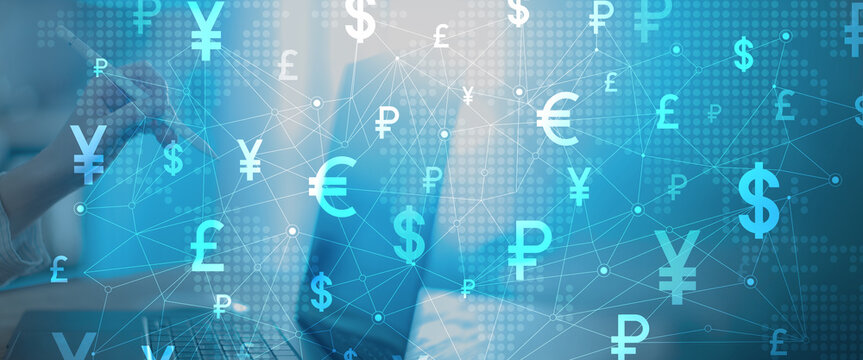 Global Currency Symbols Network Interface on Digital Tablet in Financial Technology Environment. - Powered by Adobe