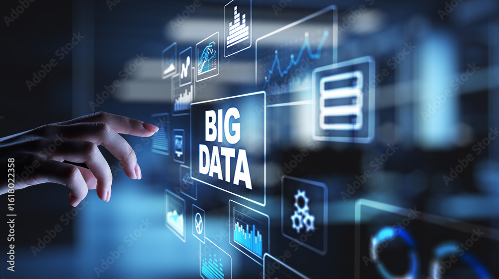 Sticker big data analytics platform, business intelligence and modern technology concept on vitual screen.