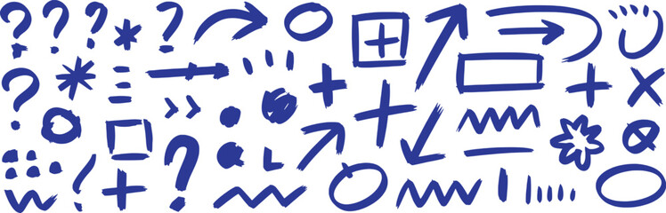 Fototapeta premium Blue hand drawn symbols and punctuation marks collection question exclamation