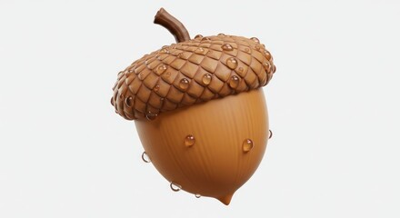 3D-rendered acorn with a cap and droplets on a white backdrop. The textured cap is dark brown, the body is light brown, and water beads cling