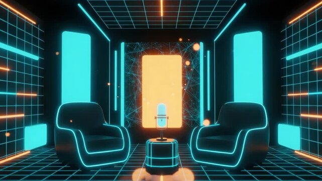 A futuristic virtual interview setting featuring two glowing chairs and a microphone surrounded by a digital backdrop with vibrant colors and abstract patterns ideal for tech-related content