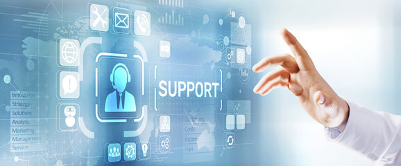 Support button on virtual screen. Customer service and communication concept.