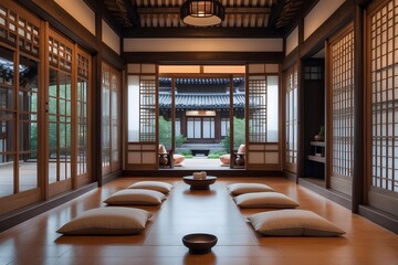Korean Hanok Ondol Room – Classic Living Room Design Showcasing Heated Stone Floors, Wooden Beams, and Paper Sliding Doors in a Tranquil Blend of Warmth and Simplicity