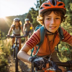 Smiling Boy Wearing Orange Helmet Mountain Biking Outdoors