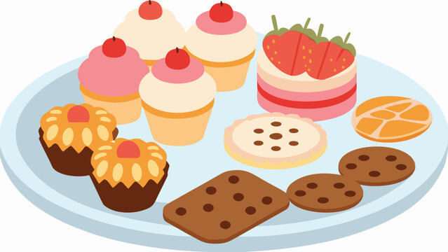 Assorted pastries and cookies arranged on a light blue plate with various toppings and decorations