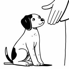 Fototapeta premium A black and white illustration of a puppy sitting and looking up at a hand vector