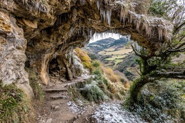 Obraz premium Icy cave archway trail view