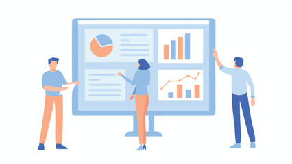 Obraz premium Three people presenting data on a screen with pie chart and bar graph and line graph and text on the screen