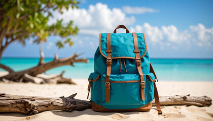 Lone backpack on sunlit beach, ocean view, driftwood. Summer travel mood. Travel and freedom