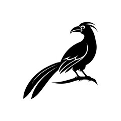 Stylized black silhouette of a roadrunner bird perched on a branch isolated on white background isolated on transparent background