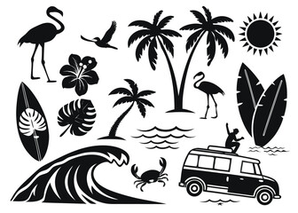 A Comprehensive Collection of Hand-Drawn and Silhouette Beach & Surf Themed Doodles, Icons, and Summer Elements in Black and White