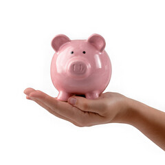 A pink piggy bank rests gently in the palm of a hand, symbolizing saving and financial planning isolated on transparent background